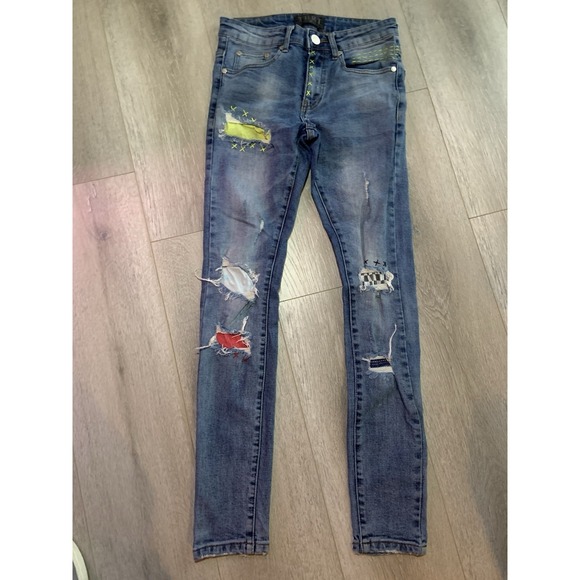 THRT Jeans Men 28x29 Blue Skinny Distressed Denim Stretch Light Wash Patch Work - Picture 1 of 6